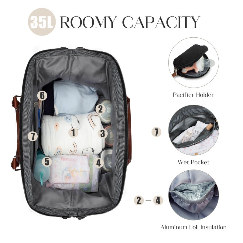printe 6pcs Large Diaper Bag Tote with Changing Pad & 2 Organized Pouches, Mom's Bag for Hospital with Pacifier Case, Straps, Stroller Hook, Baby Diaper Bag for Weekender Travel - Image 4