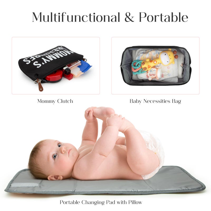 printe 6pcs Large Diaper Bag Tote with Changing Pad & 2 Organized Pouches, Mom's Bag for Hospital with Pacifier Case, Straps, Stroller Hook, Baby Diaper Bag for Weekender Travel - Image 5