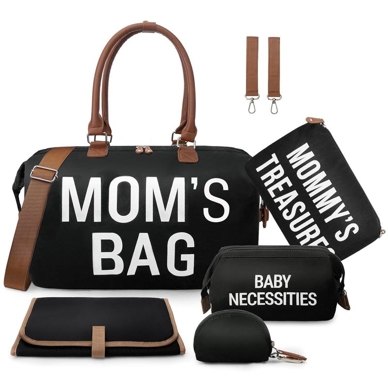 printe 6pcs Large Diaper Bag Tote with Changing Pad & 2 Organized Pouches, Mom's Bag for Hospital with Pacifier Case, Straps, Stroller Hook, Baby Diaper Bag for Weekender Travel - Image 1