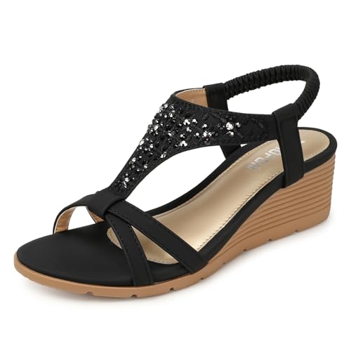 TEMOFON Sandals for Women Wedge Dressy: Summer Open Toe Dress Sandal Black Size 6 Comfortable Casual Low Platform Beach Shoes - Image 1