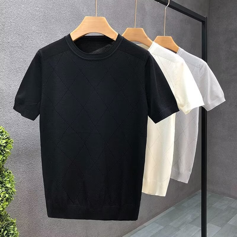 Men'S Crewneck Knitted Short-Sleeved T-Shirt Slim-Fit Elastic Ice Silk Hollow-Out Breathable Rhombic Half-Sleeved Base Shirt Trendy - Image 3
