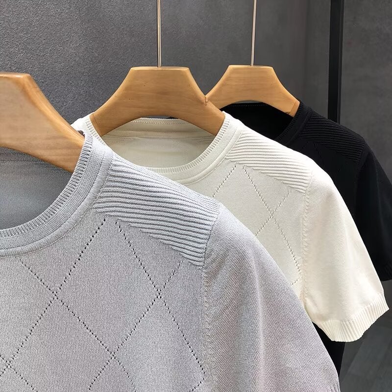 Men'S Crewneck Knitted Short-Sleeved T-Shirt Slim-Fit Elastic Ice Silk Hollow-Out Breathable Rhombic Half-Sleeved Base Shirt Trendy - Image 5