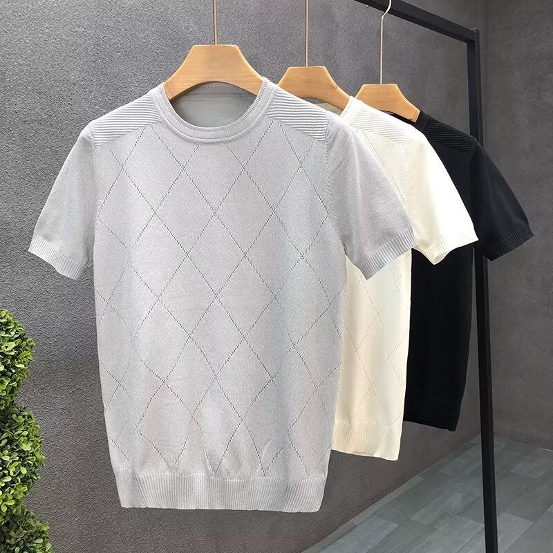 Men'S Crewneck Knitted Short-Sleeved T-Shirt Slim-Fit Elastic Ice Silk Hollow-Out Breathable Rhombic Half-Sleeved Base Shirt Trendy - Image 4