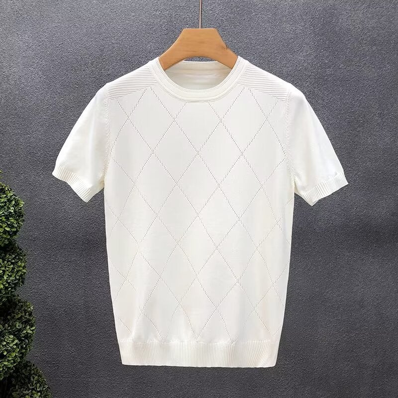 Men'S Crewneck Knitted Short-Sleeved T-Shirt Slim-Fit Elastic Ice Silk Hollow-Out Breathable Rhombic Half-Sleeved Base Shirt Trendy - Image 1