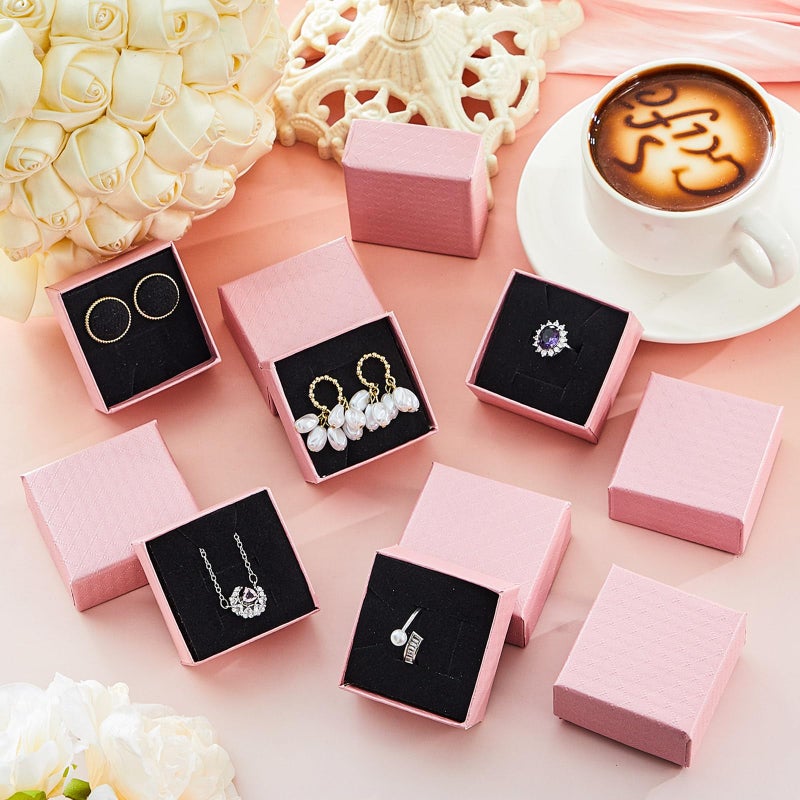 Landical 100 Pcs Jewelry Ring Gift Box 2'' x 2'' x 1'' Small Cardboard Earring Ring Gift Box with Velvet and Sponge Liner Pendant Case Bulk for Necklace Bracelet Earring Display Wedding (Pink) - Image 3
