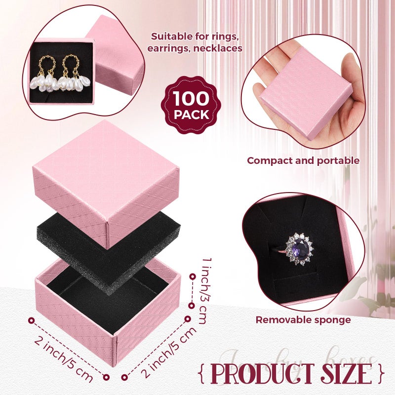 Landical 100 Pcs Jewelry Ring Gift Box 2'' x 2'' x 1'' Small Cardboard Earring Ring Gift Box with Velvet and Sponge Liner Pendant Case Bulk for Necklace Bracelet Earring Display Wedding (Pink) - Image 2