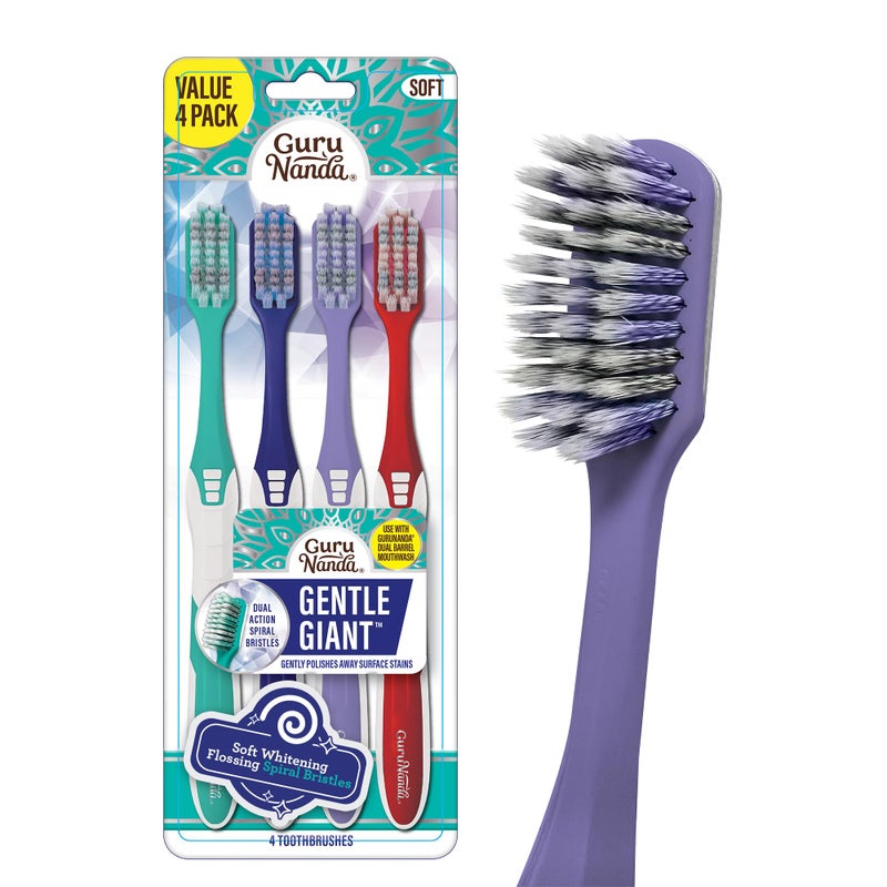 GuruNanda Gentle Giant Toothbrush with Dual Action Flossing Spiral Bristles, Non-Slip Ergo Dexa Grip, Helps in Teeth Whitening, BPA Free, (4 Count) - Image 1