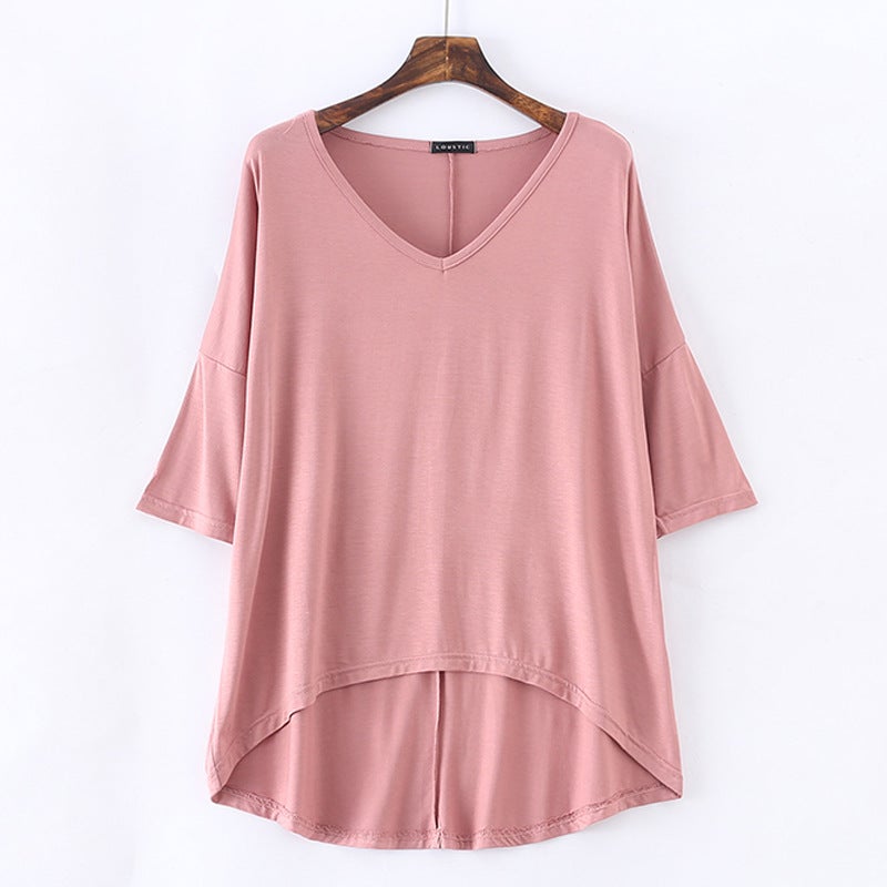 Modal Batwing Sleeve Mid-Sleeve T-Shirt Women'S Casual Korean-Style V-Neck Solid Color Plus Size Half-Sleeve Base Shirt - Image 1