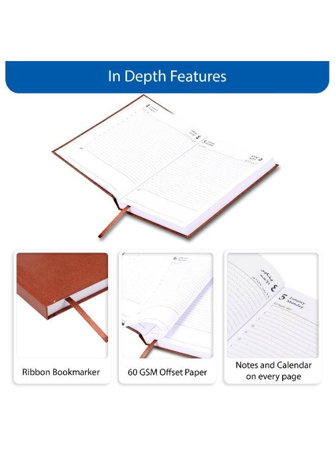 FIS 2026 A5 Diary, 148x210mm Size, 1 Side Padded Vinyl Cover, 1 Day a Page Format, 60gsm White Paper, English/Arabic, Brown Cover-FSDI18AE26BR - Image 5