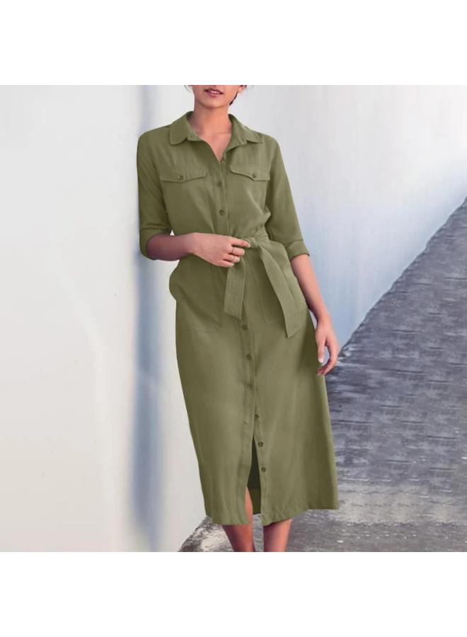 VUELO Summer Women's Mid-length Dress Lapel Double Pocket Casual Loose Retro Vest Robe Shirt - Image 3