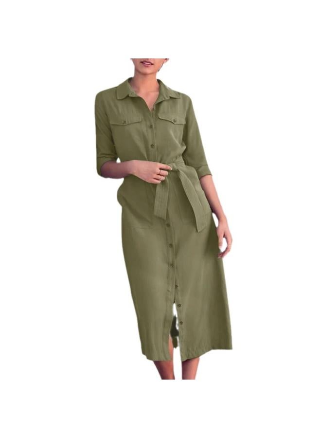 VUELO Summer Women's Mid-length Dress Lapel Double Pocket Casual Loose Retro Vest Robe Shirt - Image 4
