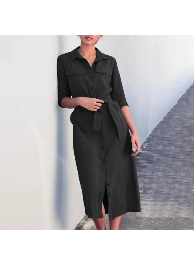 VUELO Summer Women's Mid-length Dress Lapel Double Pocket Casual Loose Retro Vest Robe Shirt - Image 1