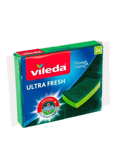 Vileda Ultra Fresh Med Foam Dishwashing Scourer, Antibacterial, High Absorption, Hygienic, Long-Lasting, Green, 2 Pcs