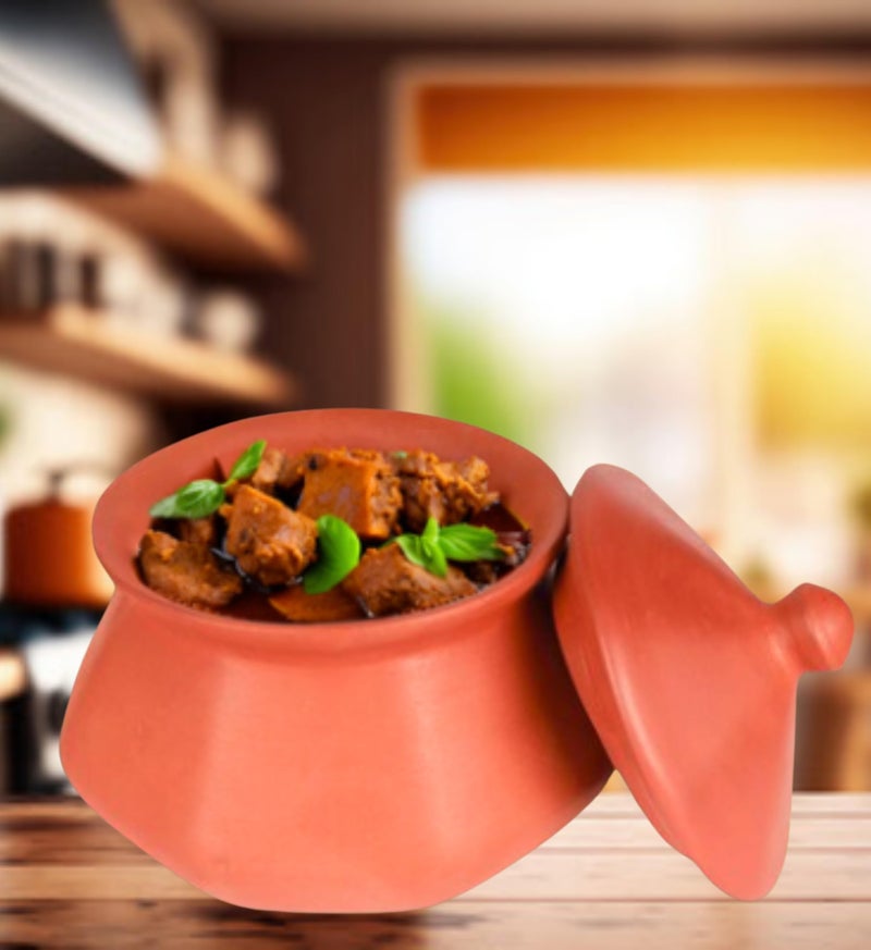 Terra Charms Clay Pot forServing & Cooking PurposeRogan Gosht MuttonBowl Clay Handi for Kitchen, Safe, Lightweight & Durable Clay Dahi Handi, Brown Colour 1LTR (Pack of 1) - Image 1