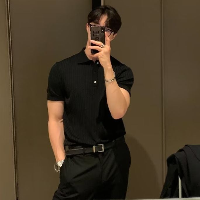 Summer Casual Knit Polo Shirt Mens Slim Fit Brown  - Image 5