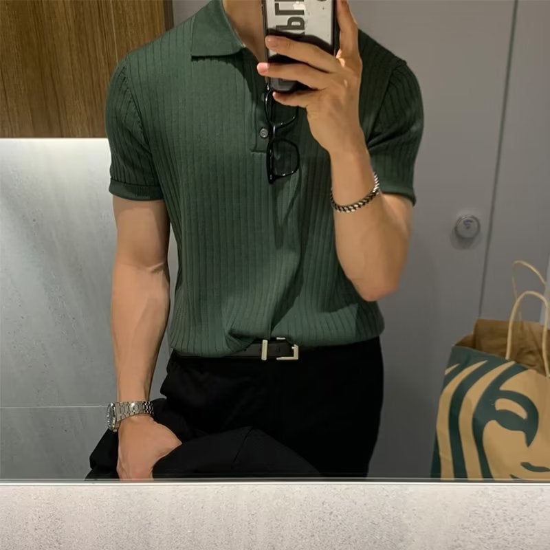 Summer Casual Knit Polo Shirt Mens Slim Fit Brown  - Image 4