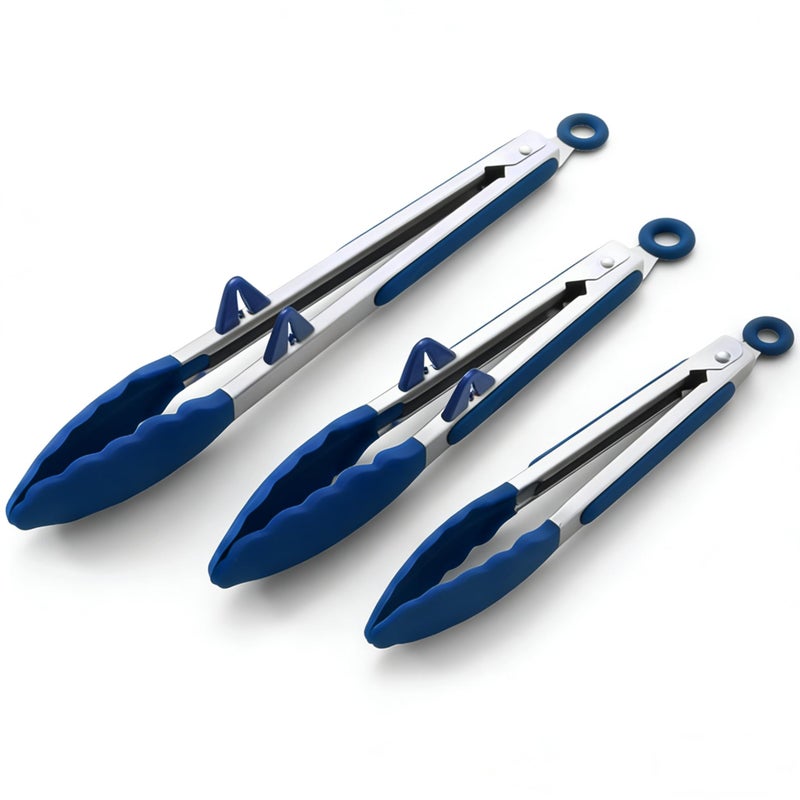 TOWINGO Silicone Tongs for Cooking, 3Pcs Stainless Steel Kitchen Tong with Silicone Tips, Heat Resistant Food Grade Small Serving Tong for BBQ Salad, Blue(7"+9"+12") - Image 1