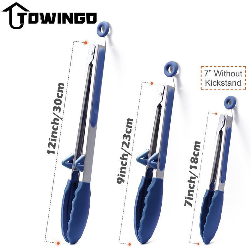 TOWINGO Silicone Tongs for Cooking, 3Pcs Stainless Steel Kitchen Tong with Silicone Tips, Heat Resistant Food Grade Small Serving Tong for BBQ Salad, Blue(7"+9"+12") - Image 5