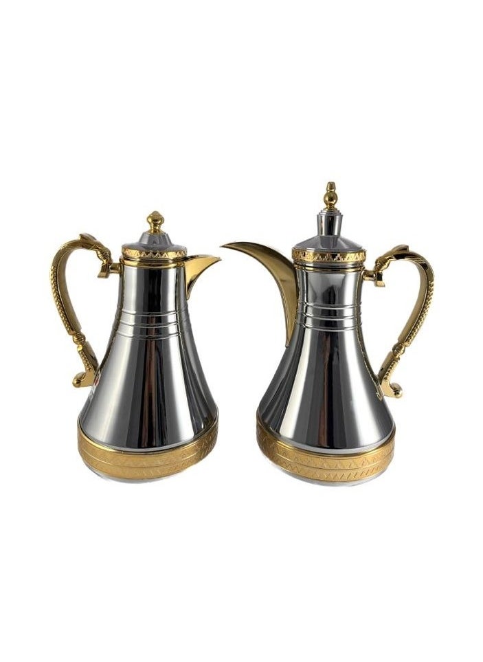 Homemaker 2-Piece Tea & Coffee Flask - 0.75 Liter & 1 Liter Capacity - Glass Inner - Steel Body - Silver & Gold  - Image 1