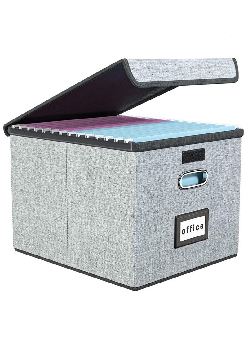 Portable File Organiser Box with Lid, Collapsible Linen Hanging Filing Storage Boxes with Plastic Slide, Decorative Home/Office Filing System for File and Folders Storage (Grey)