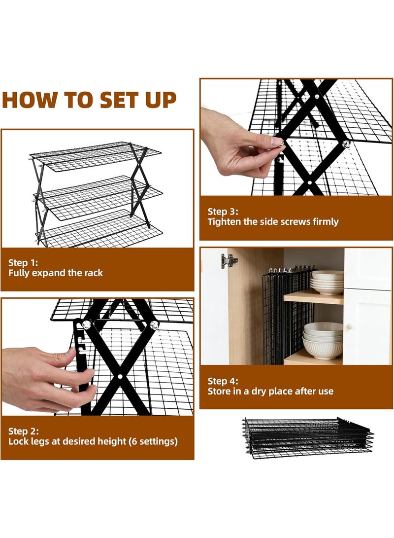 NIUB 3 Tier Collapsible Cooling Rack with Adjustable 6 Setting Design Stackable Wire Rack for Baking Sheet for Cookies Baking Gifts for Women (Black, 3-Tier) - Image 5