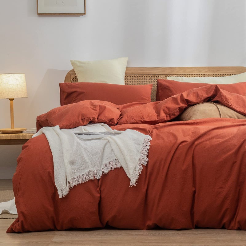 BESTOUCH Duvet Cover Set 100 Washed Cotton Linen Feel Super Soft Comfortable Chic Lightweight 3 PCs Home Bedding Set Solid Burnt Brick Red Queen