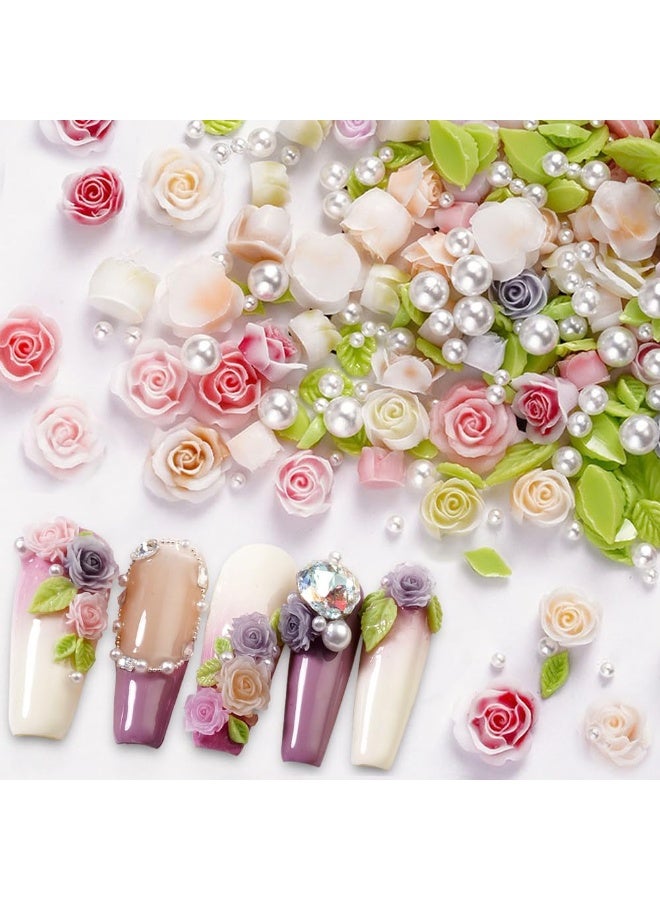 كيلا 100 قطعة من زينة أظافر على شكل زهرة ورد ثلاثية الأبعاد مع لؤلؤ للأظافر وأوراق زهور لطيفة وزينة أظافر للأظافر الأكريليك وزينة زهور ملونة للأظافر وزينة أظافر زهرية من الراتنج لتصميم الأظافر - Image 1