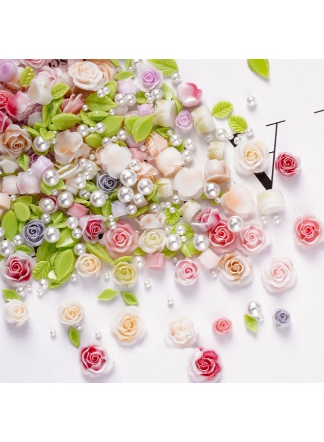 كيلا 100 قطعة من زينة أظافر على شكل زهرة ورد ثلاثية الأبعاد مع لؤلؤ للأظافر وأوراق زهور لطيفة وزينة أظافر للأظافر الأكريليك وزينة زهور ملونة للأظافر وزينة أظافر زهرية من الراتنج لتصميم الأظافر - Image 3