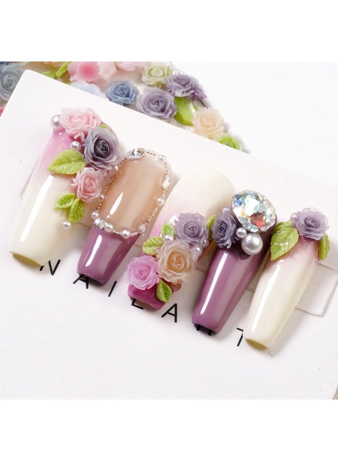 Bukela 100Pcs Spring Nail Charms , 3D Camellias Rose Flower Nail Rhinestones with Pearl Designs Gradient Colorful Floral Leaves Nail Art Jewelry Cute Nail Gems and Charms for Women Acrylic Manicure Decoration - Image 3
