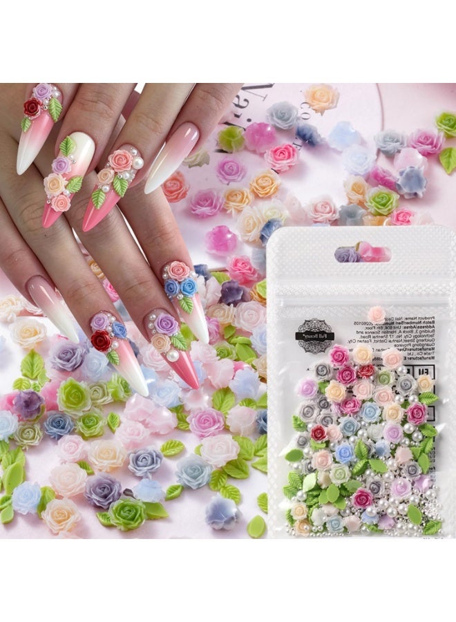 Bukela 100Pcs Spring Nail Charms , 3D Camellias Rose Flower Nail Rhinestones with Pearl Designs Gradient Colorful Floral Leaves Nail Art Jewelry Cute Nail Gems and Charms for Women Acrylic Manicure Decoration - Image 1
