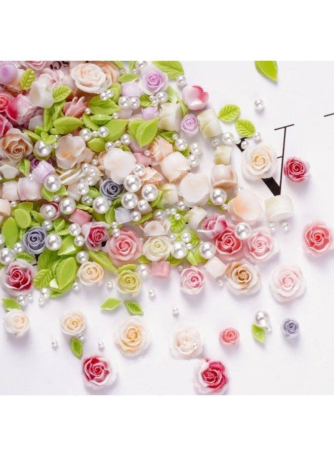 Bukela 100Pcs Spring Nail Charms , 3D Camellias Rose Flower Nail Rhinestones with Pearl Designs Gradient Colorful Floral Leaves Nail Art Jewelry Cute Nail Gems and Charms for Women Acrylic Manicure Decoration - Image 4