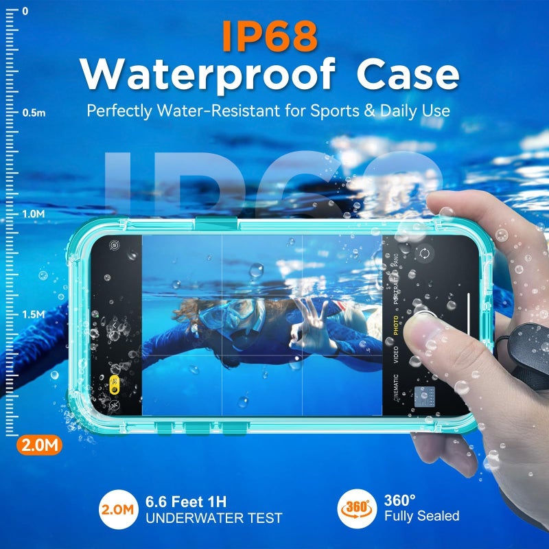 WIFORT Waterproof Phone Case for iPhone 15 Pro Teal | IP68 Underwater, Dustproof, Built-in Screen, 15FT Military Shockproof, 360 Full Body Sealed Protection Cover, Magnetic, Frosted, 6.1" - Image 2