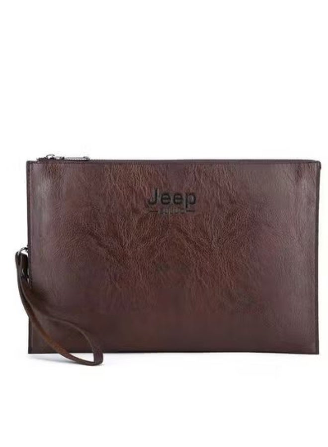 Jeep Vintage Dark Brown Oil Wax Leather Men Clutch Envelope Handbag