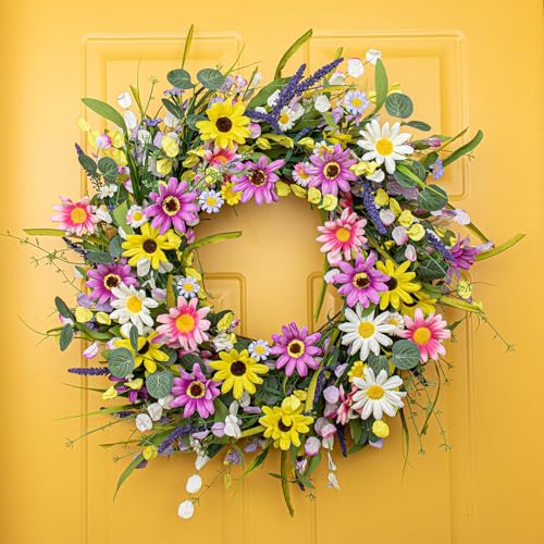 Yawwind 22 Inches Spring Wreaths for Front Door Spring Flower Wreaths Summer Door Wreath Colorful Wildflower Wreath with Daisy Lavender for Window Indoors Outdoor Decor - Image 4