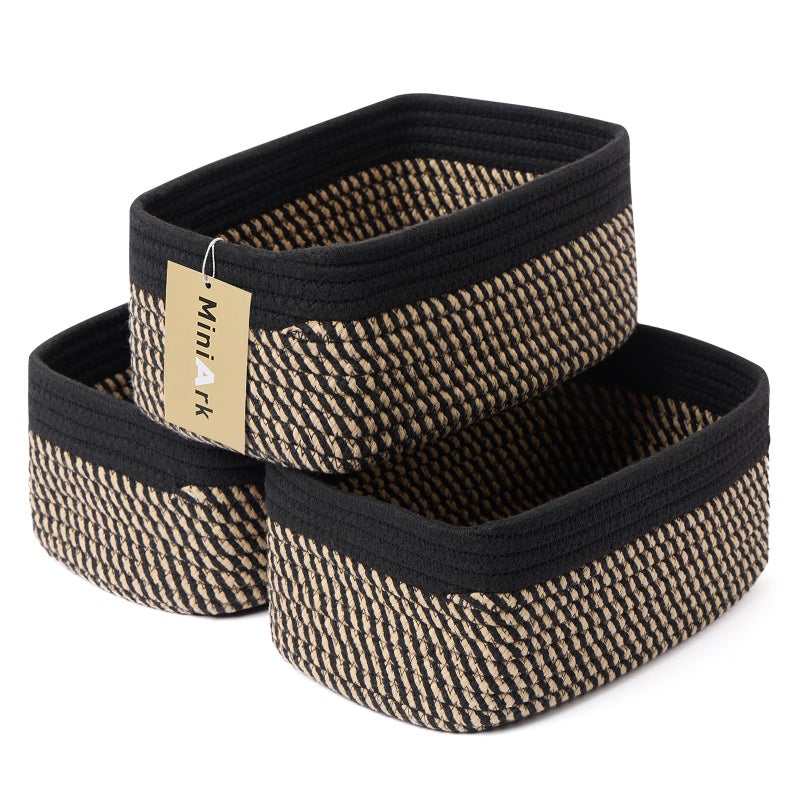 MiniArk Small Storage Baskets for Organizing | Closet Organizer Bins | Shelf Toy Basket | Woven Rope Baskets | Cube Decorative Box | Shallow Basket | 11.5x7.5x4.7â€ | 3 Packs Black Brown - Image 1