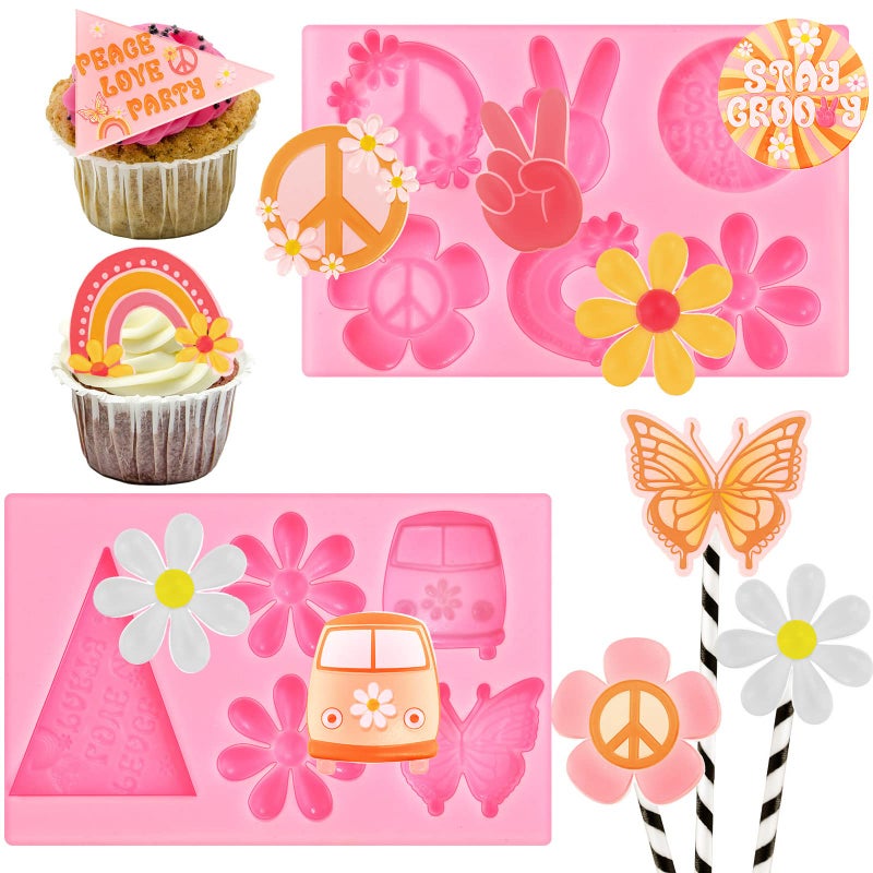 Jinei 2 Set Groovy Silicone Molds Fondant Molds Daisy Rainbows Flower Silicone Molds for Groovy Retro Hippie Boho Party Supplies Decorations Chocolate Candy Clay Gum Soap Crafting Cake Decor (Fresh Style) - Image 1