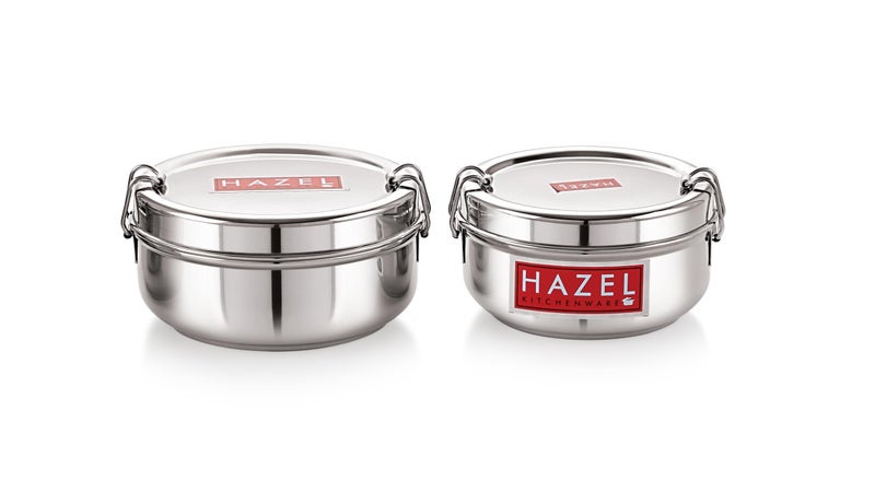 HAZEL Stainless Steel Tiffin Lunch Box Set of 2 | 500 & 700 ML Food Containers with Locking Clip | Airtight Kitchen Storage Steel Dabba - Image 5