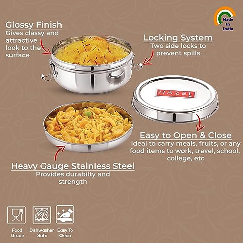 HAZEL Stainless Steel Tiffin Lunch Box Set of 2 | 500 & 700 ML Food Containers with Locking Clip | Airtight Kitchen Storage Steel Dabba - Image 3