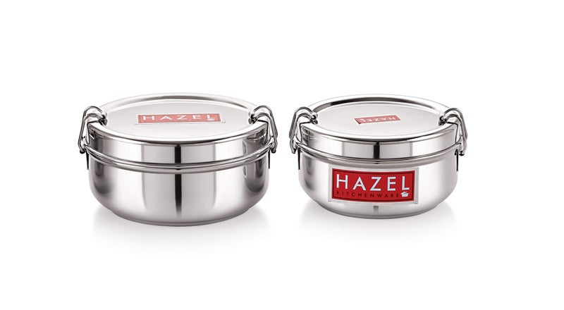HAZEL Stainless Steel Tiffin Lunch Box Set of 2 | 500 & 700 ML Food Containers with Locking Clip | Airtight Kitchen Storage Steel Dabba - Image 2