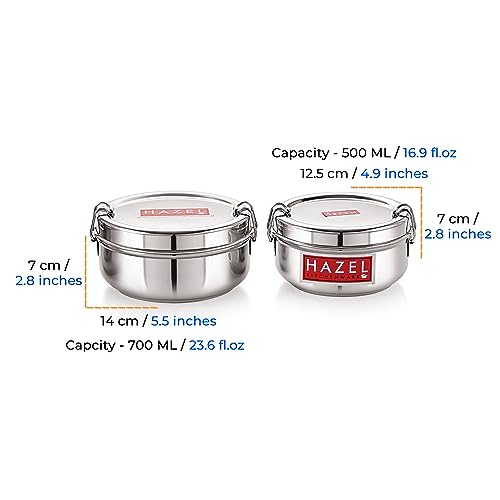 HAZEL Stainless Steel Tiffin Lunch Box Set of 2 | 500 & 700 ML Food Containers with Locking Clip | Airtight Kitchen Storage Steel Dabba - Image 4
