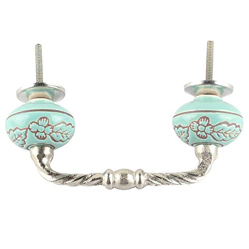 Indian-Shelf 1 Pack Ceramic Turquoise Drawer Pulls Flower Vintage Kitchen Cabinet Handles Silver Hardware 4'' Hole to Hole Dresser Door Handle -BH-654-CK-1391 - Image 2