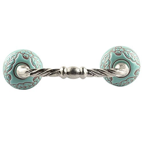 Indian-Shelf 1 Pack Ceramic Turquoise Drawer Pulls Flower Vintage Kitchen Cabinet Handles Silver Hardware 4'' Hole to Hole Dresser Door Handle -BH-654-CK-1391 - Image 1