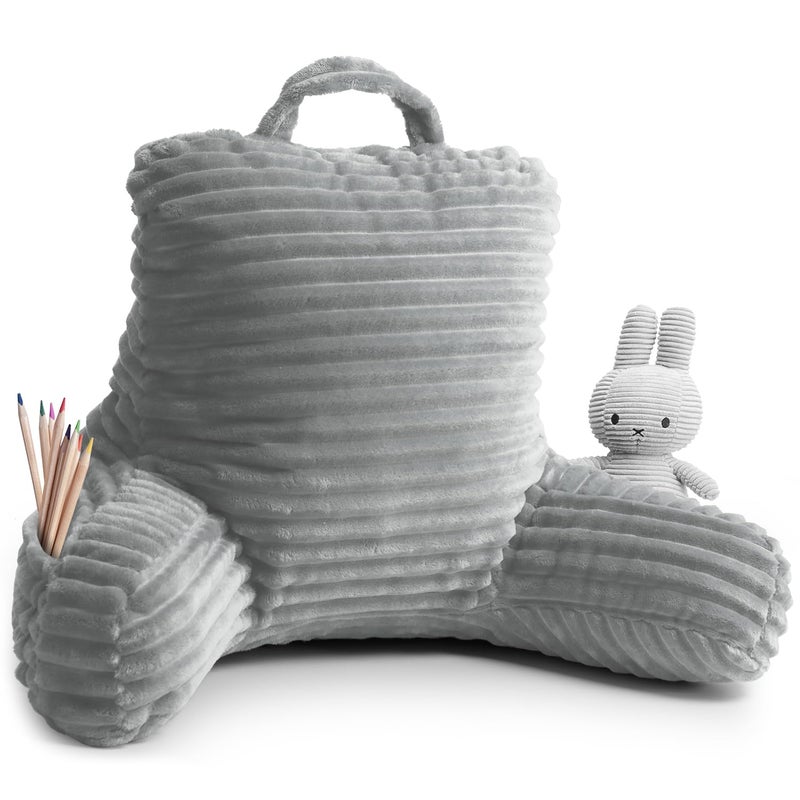 Clara Clark Reading Pillow for Kids - Back Pillow for Sitting in Bed, Plush Bed Pillows for Sitting Up in Bed, Silver Kids Reading Pillow, Shredded Foam Bed Chair Pillow with Arms and Pockets - Image 1