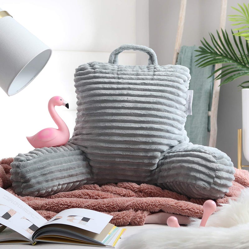 Clara Clark Reading Pillow for Kids - Back Pillow for Sitting in Bed, Plush Bed Pillows for Sitting Up in Bed, Silver Kids Reading Pillow, Shredded Foam Bed Chair Pillow with Arms and Pockets - Image 5