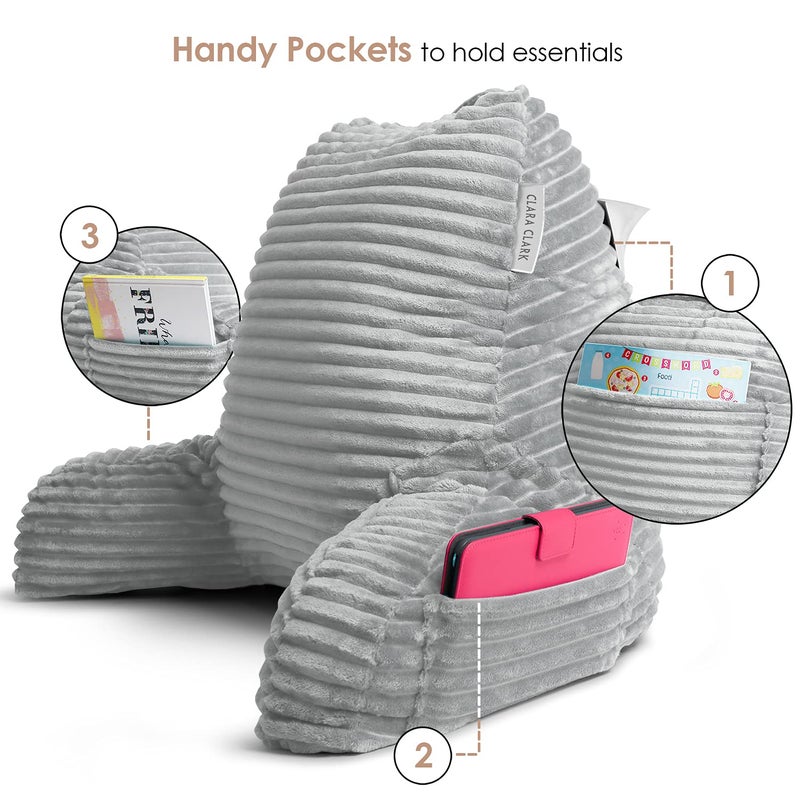 Clara Clark Reading Pillow for Kids - Back Pillow for Sitting in Bed, Plush Bed Pillows for Sitting Up in Bed, Silver Kids Reading Pillow, Shredded Foam Bed Chair Pillow with Arms and Pockets - Image 3
