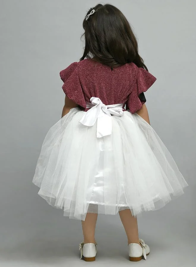 BELLA MODA Bella Moda Embellished Ruffled Sleeve Knee-Length Mesh Dress