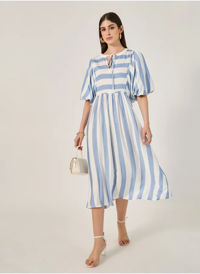 Styli Striped Balloon Sleeves A-Line Midi Dress