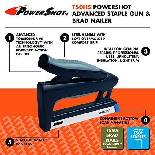 Arrow Fastener Arrow T50HS PowerShot Advanced Professional Heavy Duty 2-In-1 Staple and Nail Gun for Wood, Upholstery, Furniture, Crafts, Fits All T50 Staples and 5/8” Brad Nails - Image 2