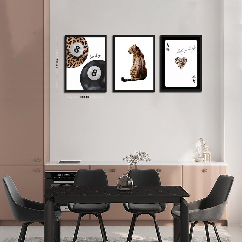 Tmvosn Framed Trendy Leopard Wall Art Set of 3, Funky Preppy Cheetah Wall Decor Paintings, Fashion Lucky 8 Posters Prints Pictures for Living Room Bedroom Dorm 12x16 Inch Black Wood Frame - Image 3