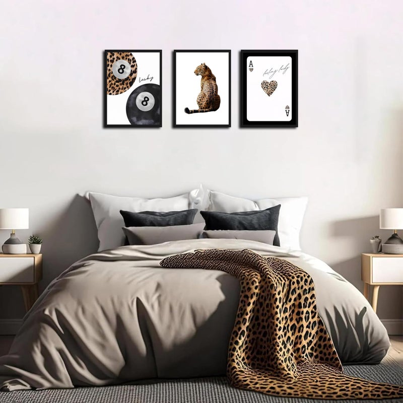 Tmvosn Framed Trendy Leopard Wall Art Set of 3, Funky Preppy Cheetah Wall Decor Paintings, Fashion Lucky 8 Posters Prints Pictures for Living Room Bedroom Dorm 12x16 Inch Black Wood Frame - Image 5